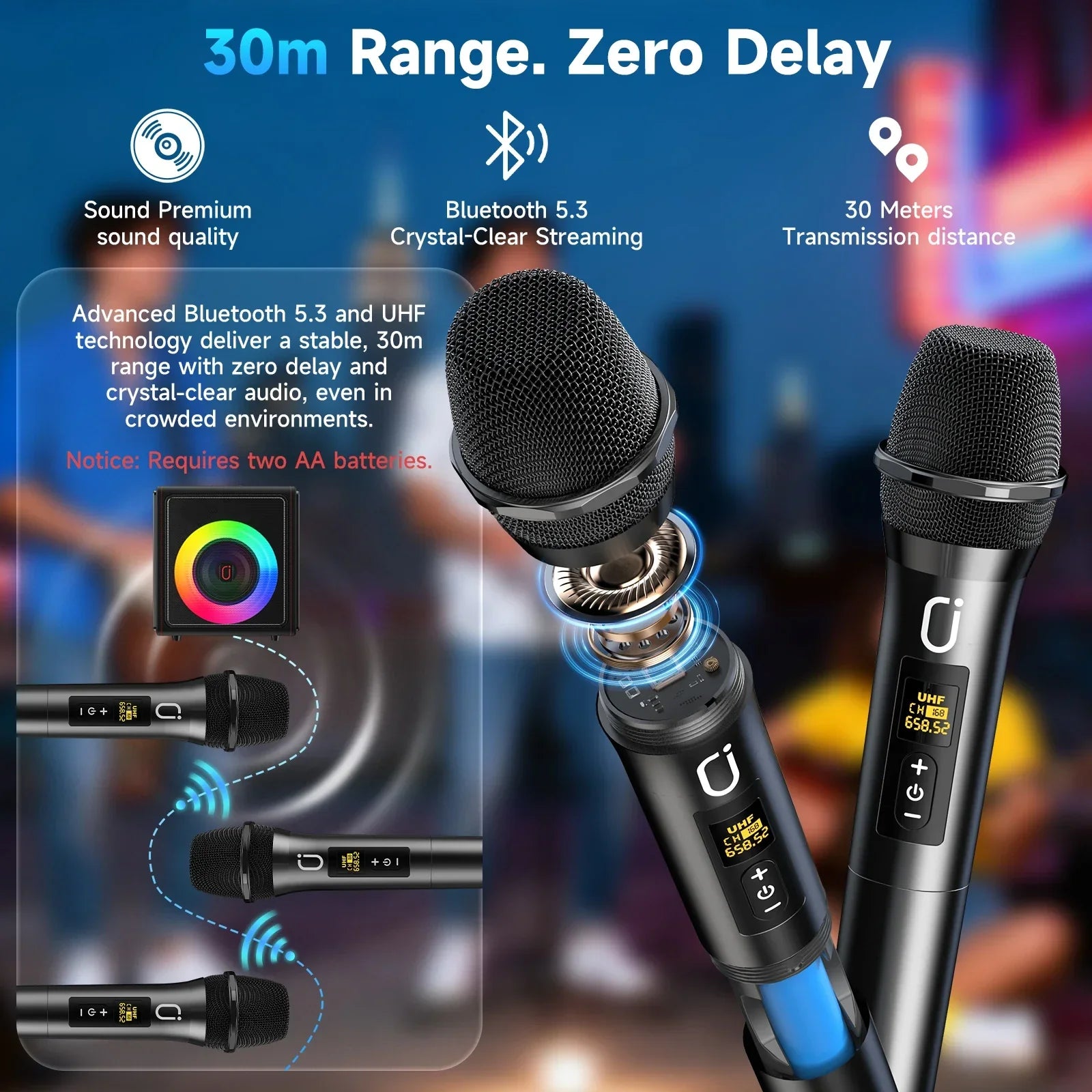 Black wireless microphones with mesh grilles and silver accents for karaoke machine featuring portable bluetooth 5.3 connectivity