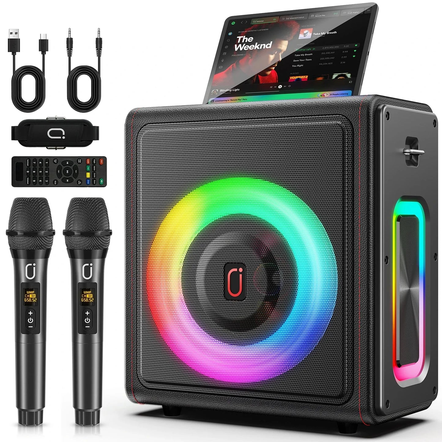Black karaoke machine with rainbow led lighting and two wireless microphones portable bluetooth 5.3 speaker system