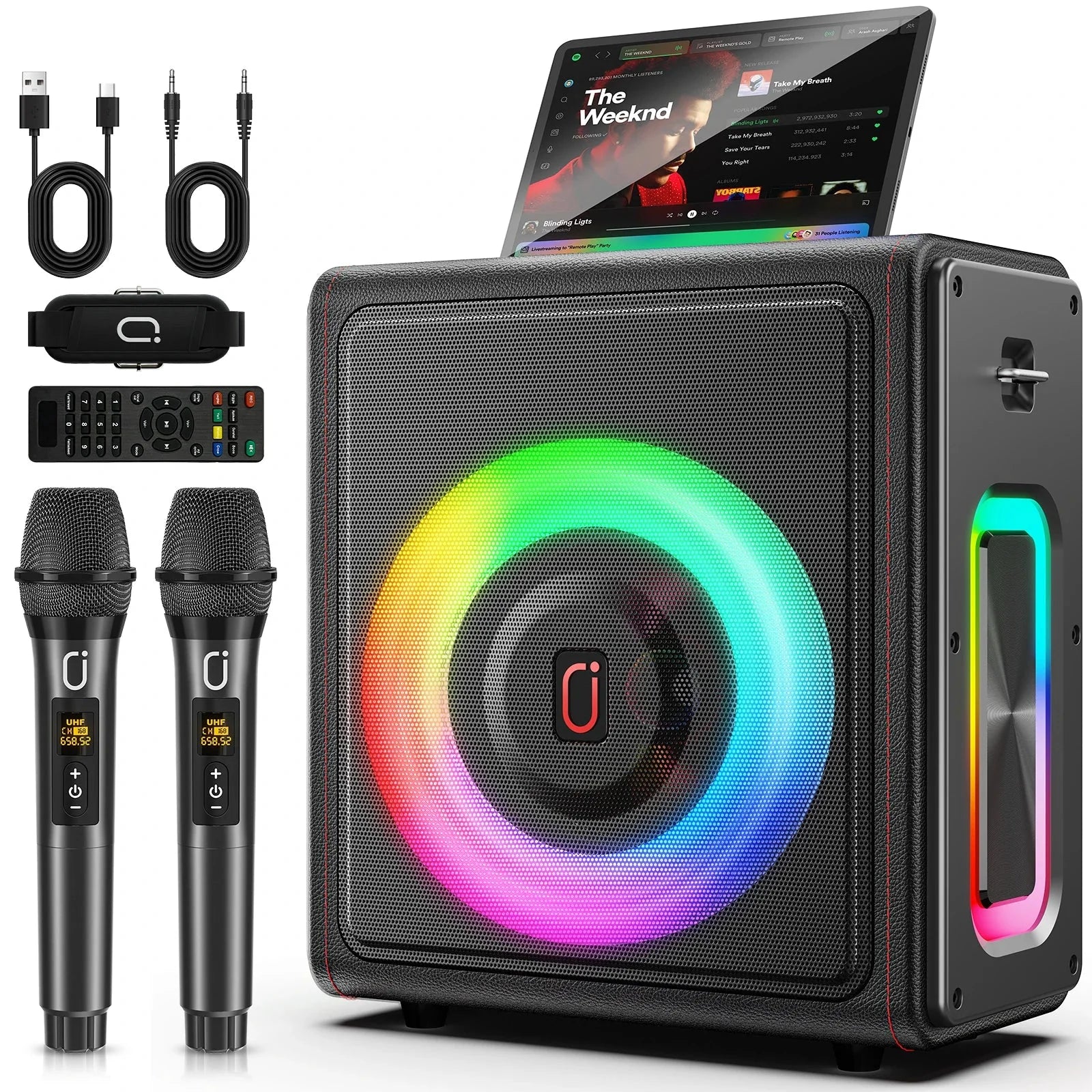 Black karaoke machine with rainbow led lighting and two wireless microphones portable bluetooth 5.3 speaker system