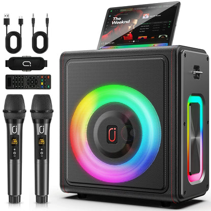 Black karaoke machine with rainbow led lighting and two wireless microphones portable bluetooth 5.3 speaker system