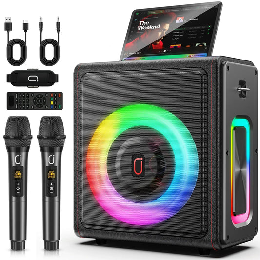 Black karaoke machine with rainbow led lighting and two wireless microphones portable bluetooth 5.3 speaker system