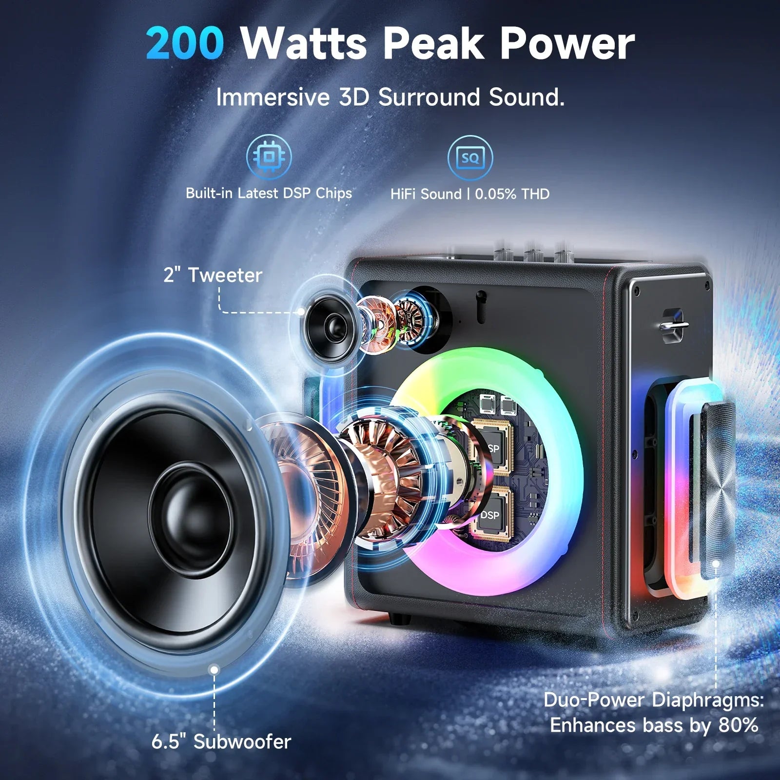 Black rectangular portable bluetooth karaoke machine with glowing rgb light ring and wireless microphones for adults