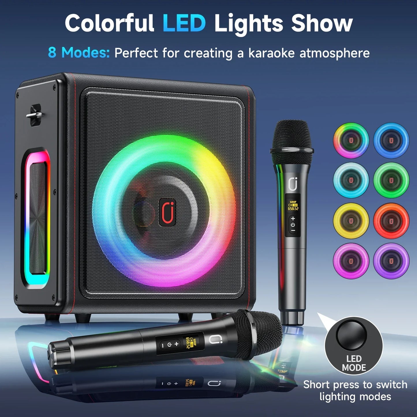 Black rectangular karaoke machine with colorful led lights and matching wireless microphones portable bluetooth speaker