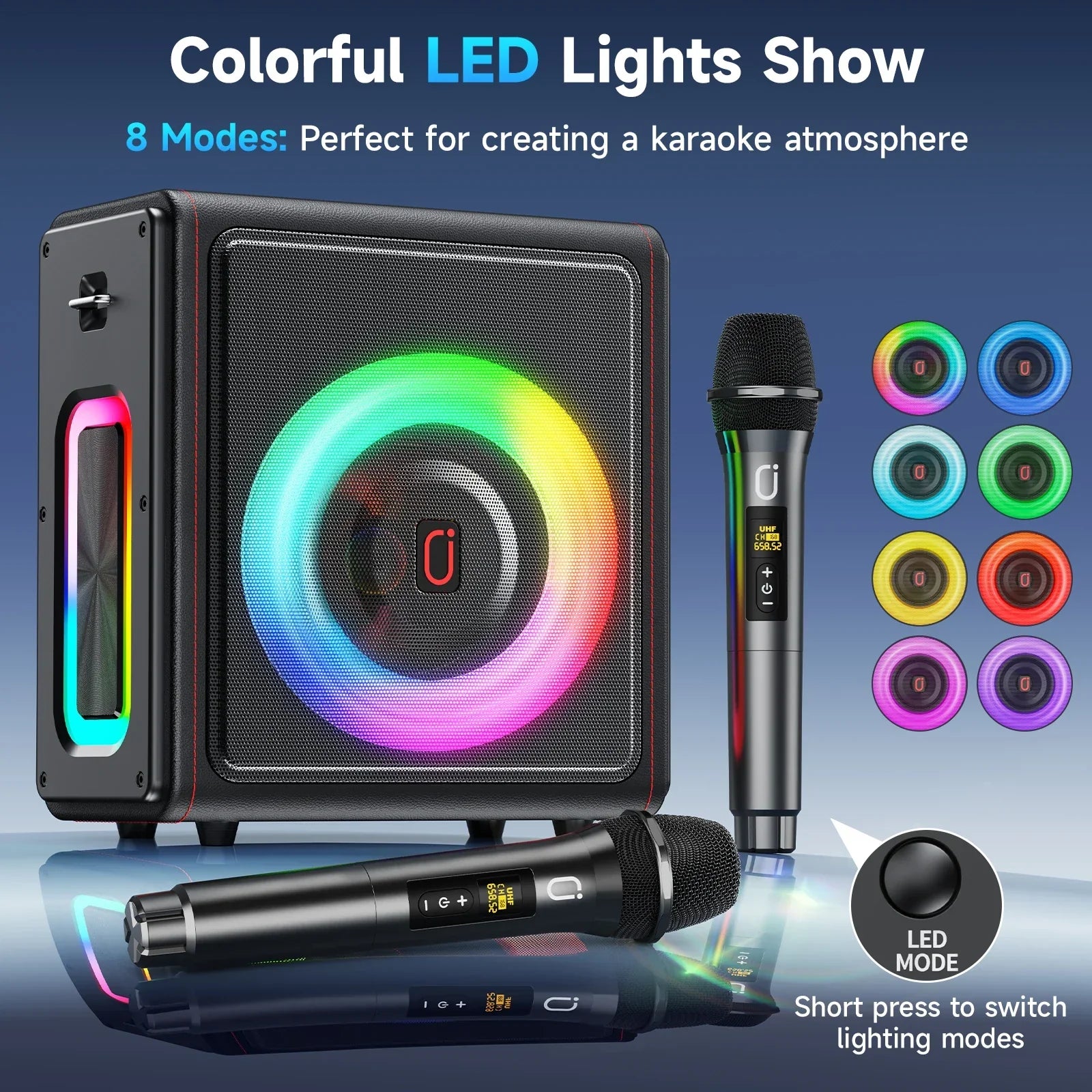 Black rectangular karaoke machine with colorful led lights and matching wireless microphones portable bluetooth speaker