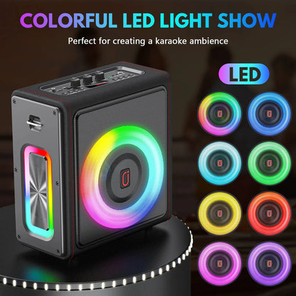 Black karaoke machine portable bluetooth speaker with colorful microphones disco lights and circular rgb light ring
