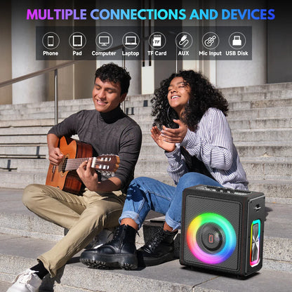 Black karaoke machine portable bluetooth speaker with microphones disco lights and multiple connectivity options