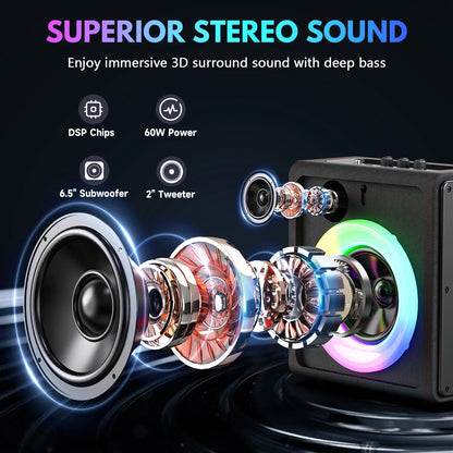 Black karaoke machine portable bluetooth speaker with 6.5-inch subwoofer, microphones disco lights for home parties