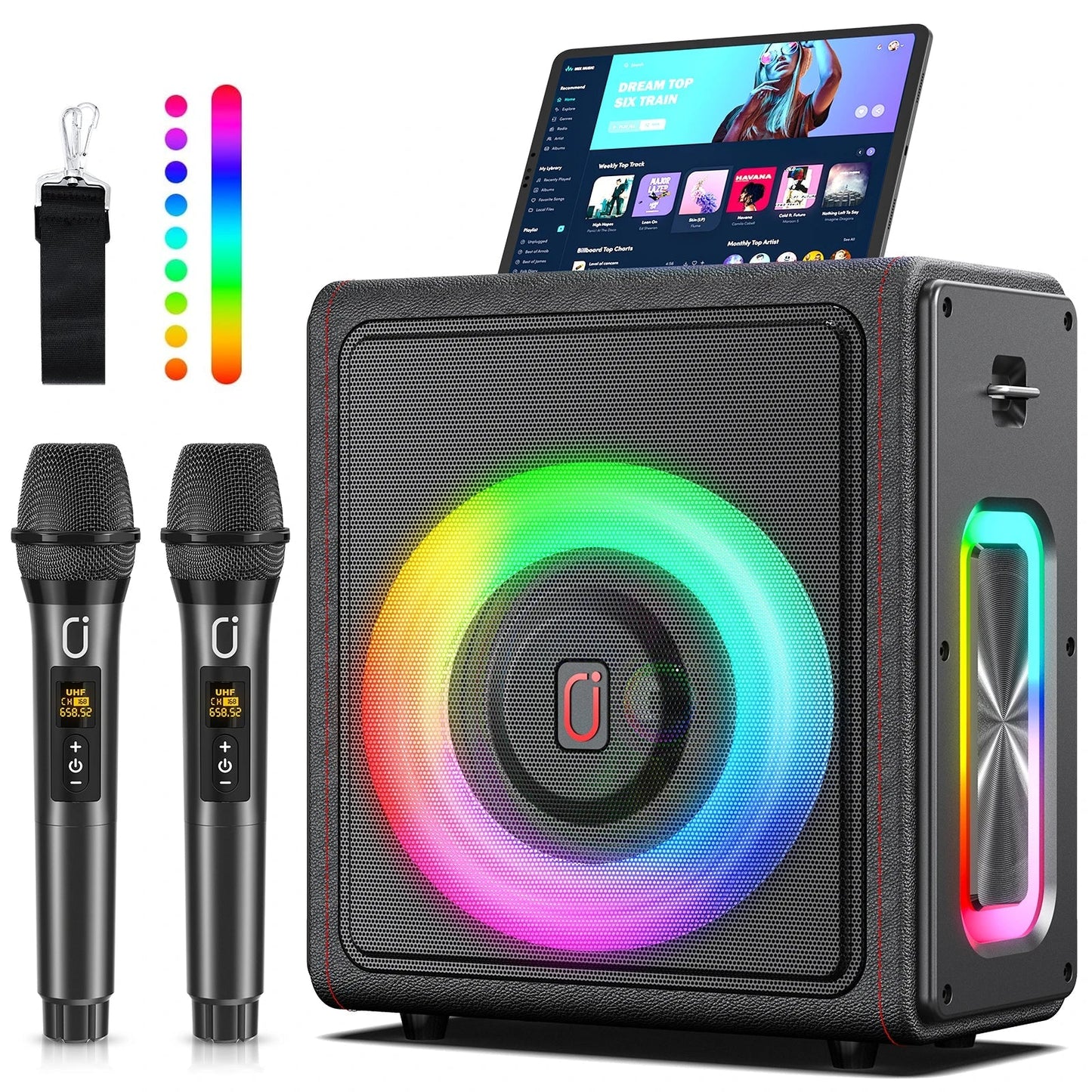 Black karaoke machine portable bluetooth speaker with disco lights and two matching microphones for home parties