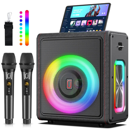 Black karaoke machine portable bluetooth speaker with disco lights and two matching microphones for home parties