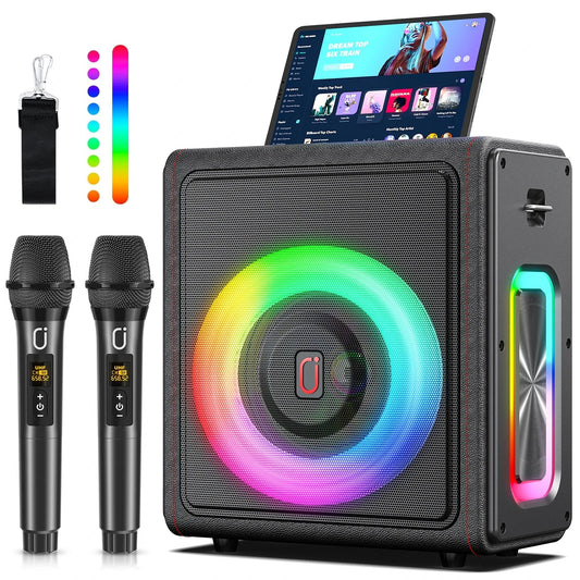 Black karaoke machine portable bluetooth speaker with disco lights and two matching microphones for home parties