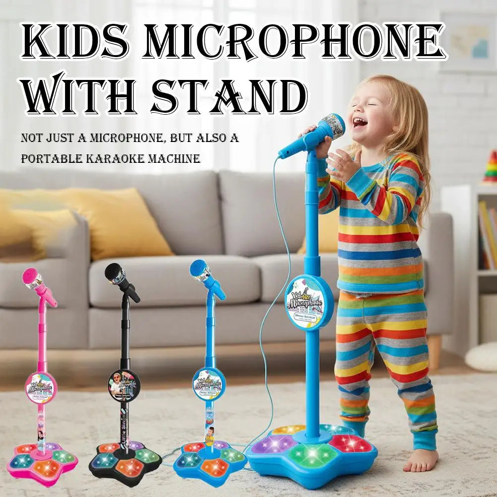 Blue plastic kids singing microphone with star-shaped base and colorful led lights for karaoke machine toy confidence building creative
