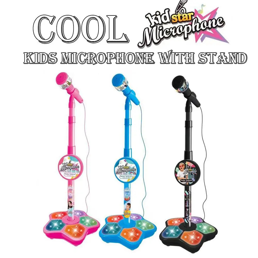 Three colorful kids singing microphones with led light stands for confidence building creative karaoke machine toy use