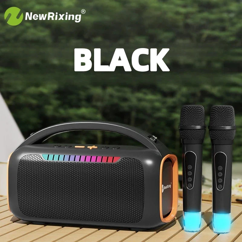 Black newrixing portable karaoke machine with orange accents 30W rgb light and two mics portable karaoke set with automatic connection