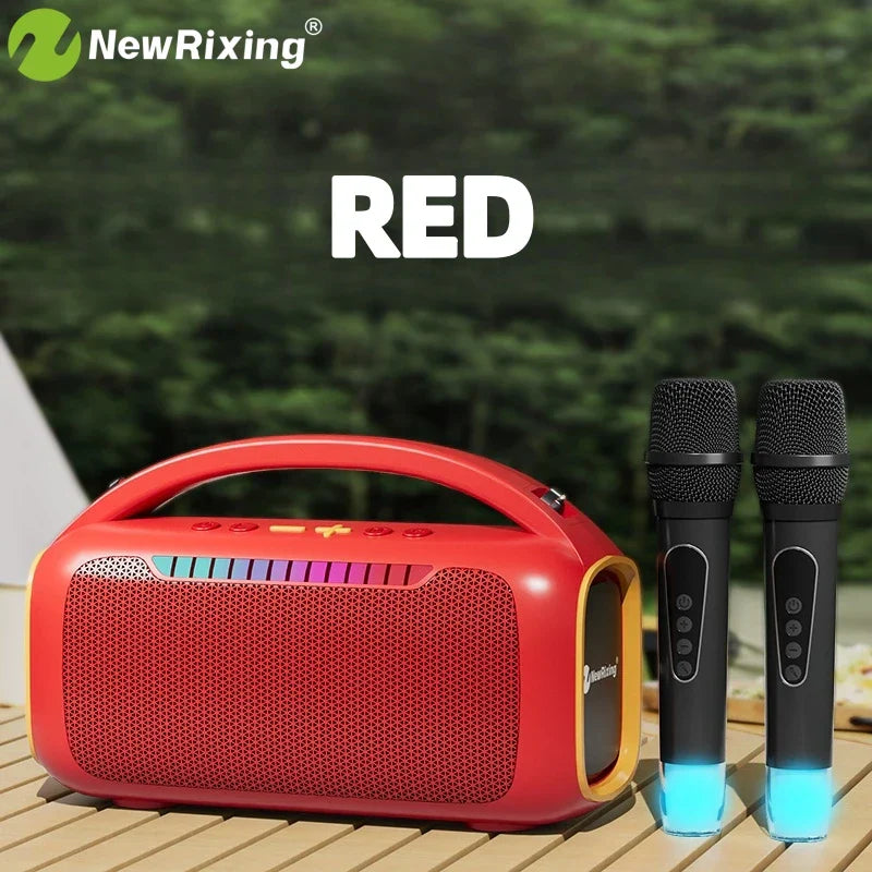 Red newrixing karaoke machine with 2 black wireless mics featuring glowing blue led bases and automatic connection