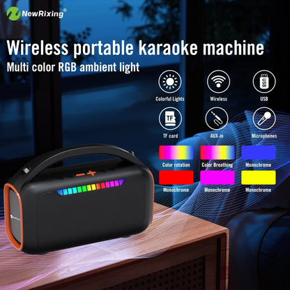 Black and orange karaoke machine with 2 mics portable karaoke system featuring rgb light and automatic connection
