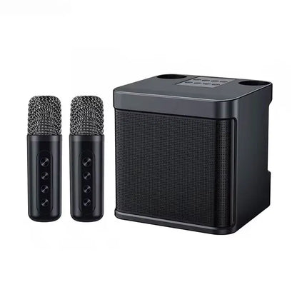 Black wireless karaoke machine with two wireless dual microphones and portable boombox player voice changer for party use