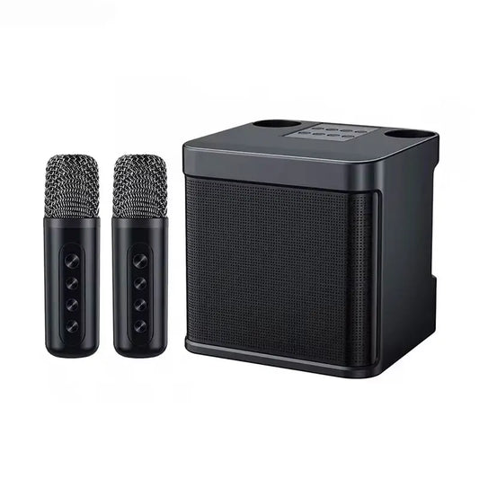 Black wireless karaoke machine with two wireless dual microphones and portable boombox player voice changer for party use