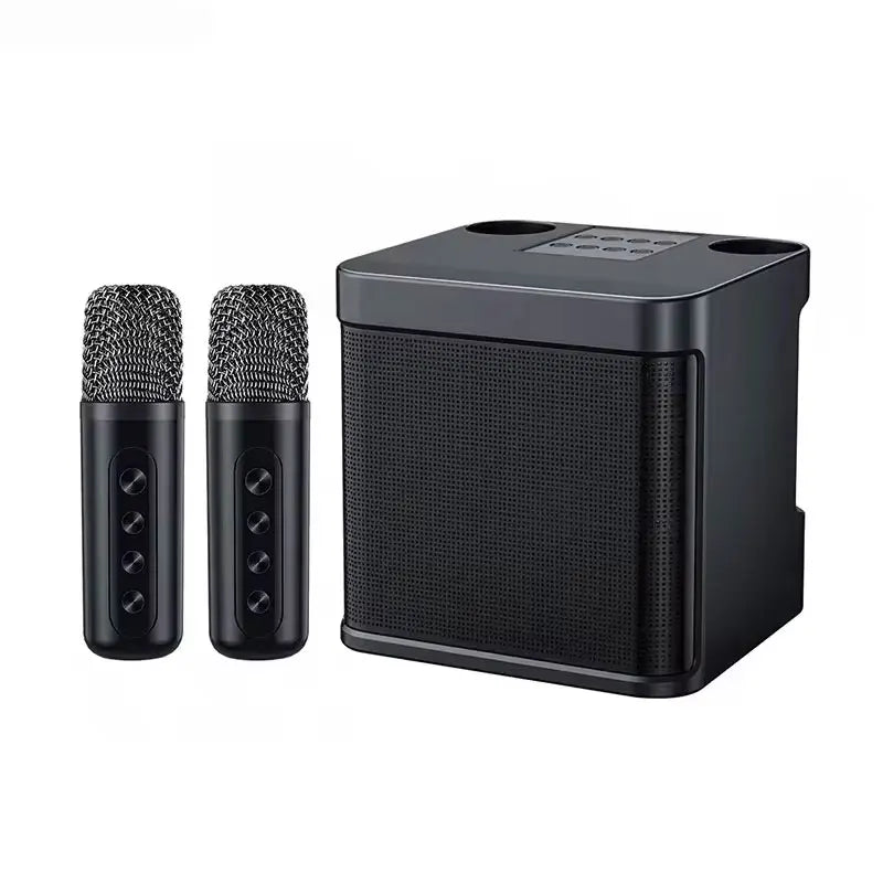 Black karaoke machine with wireless dual microphones and portable boombox aux for party use with voice changer