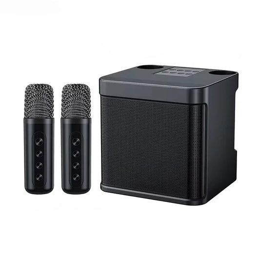 Black karaoke machine with wireless dual microphones and portable boombox aux for party use