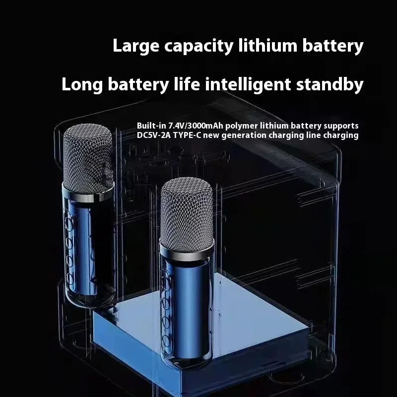 Two blue-tinted wireless dual microphones with metallic mesh grilles in a portable boombox aux karaoke machine case