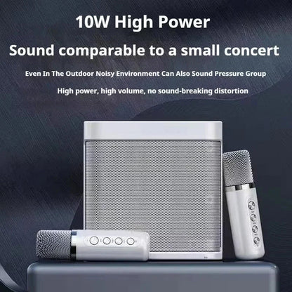 White rectangular karaoke machine with silver mesh grille and wireless dual microphones portable boombox for parties with player voice changer