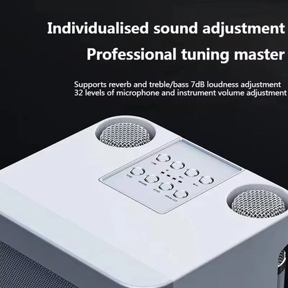 White rectangular karaoke machine with wireless dual microphones portable boombox and player voice changer control panel