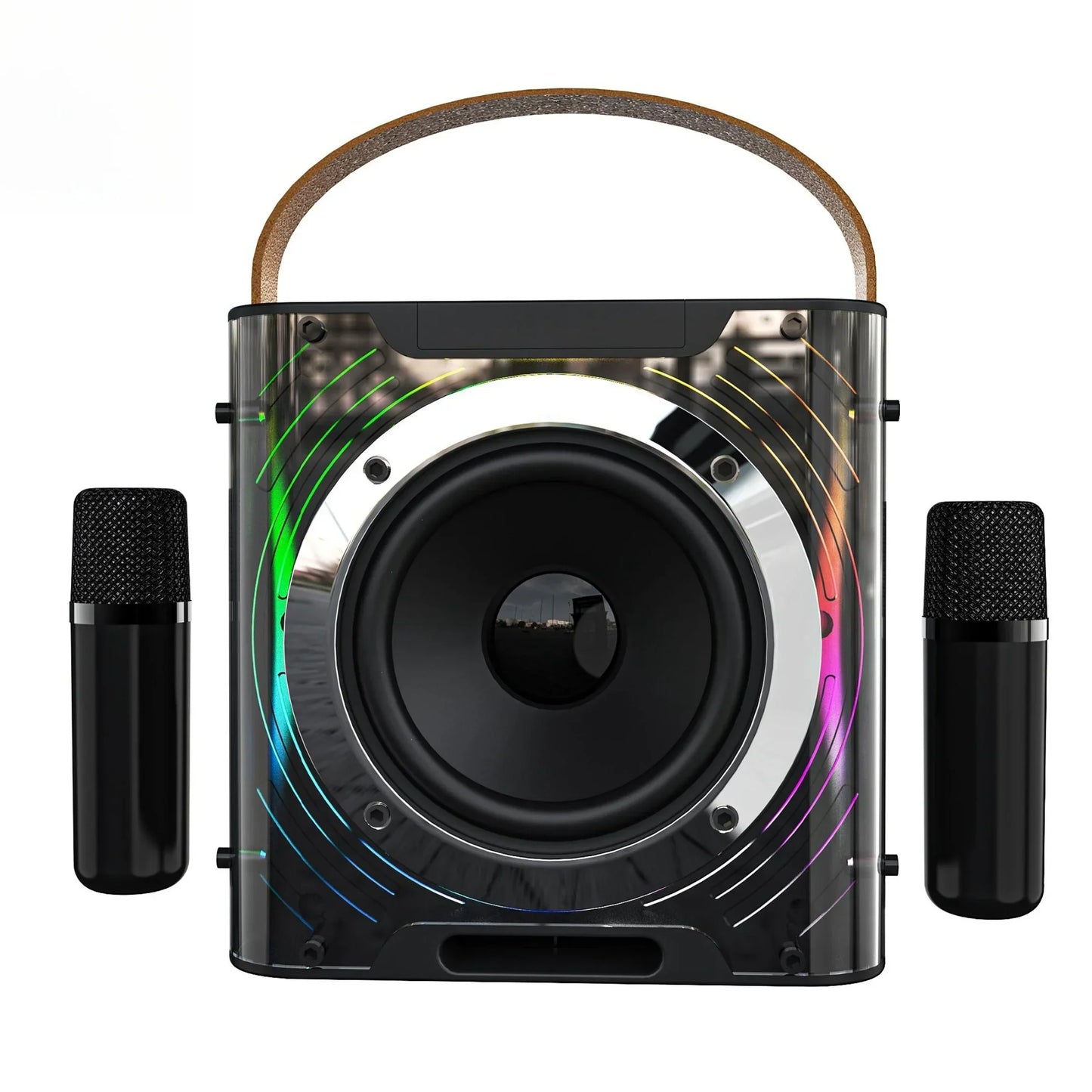 Black portable karaoke speaker with rgb lighting and two wireless microphones supporting usb tf card for home parties