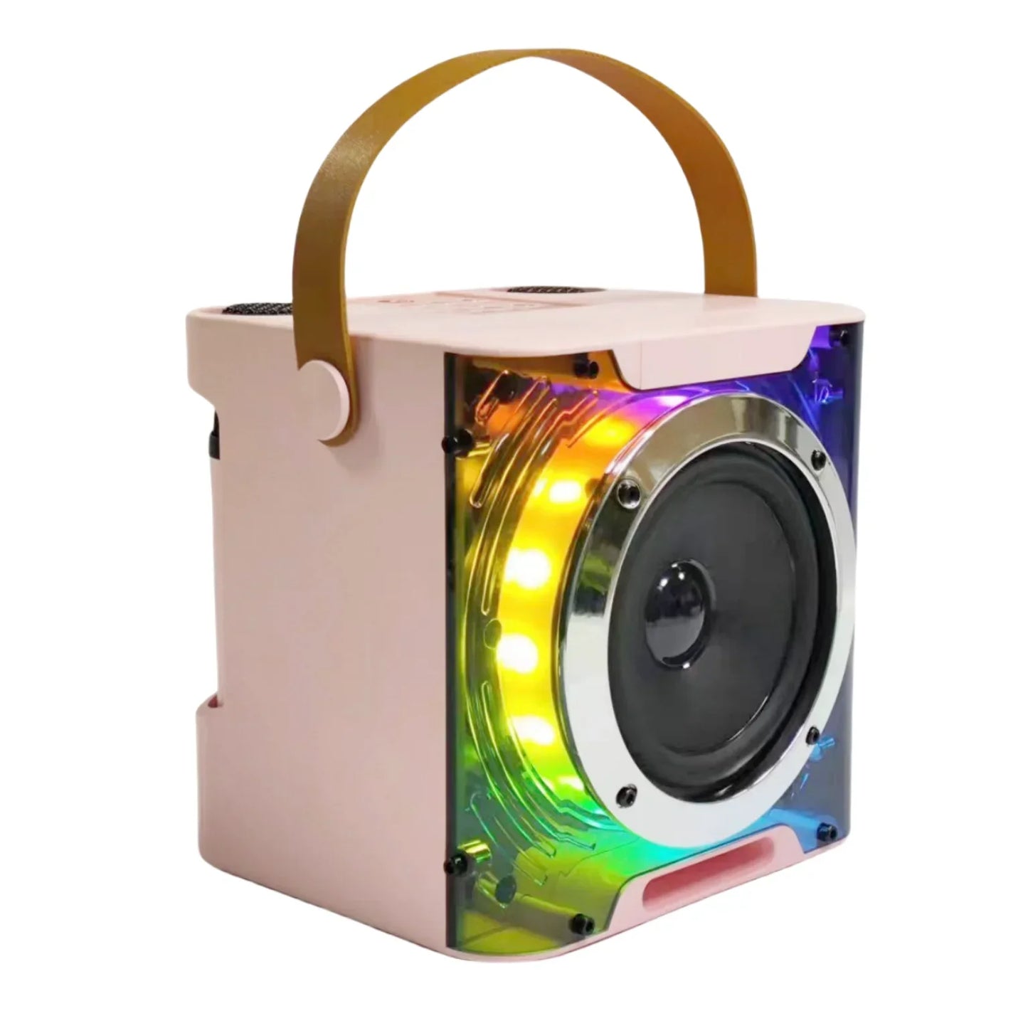 Pink portable karaoke speaker with gold handle, rainbow led lights, usb tf card support, and wireless microphone portable kit