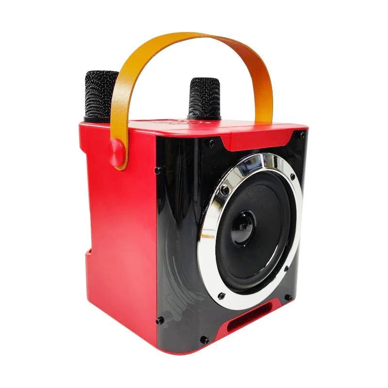 Red and black portable karaoke speaker with yellow leather handle and two wireless microphones for home party usb tf card