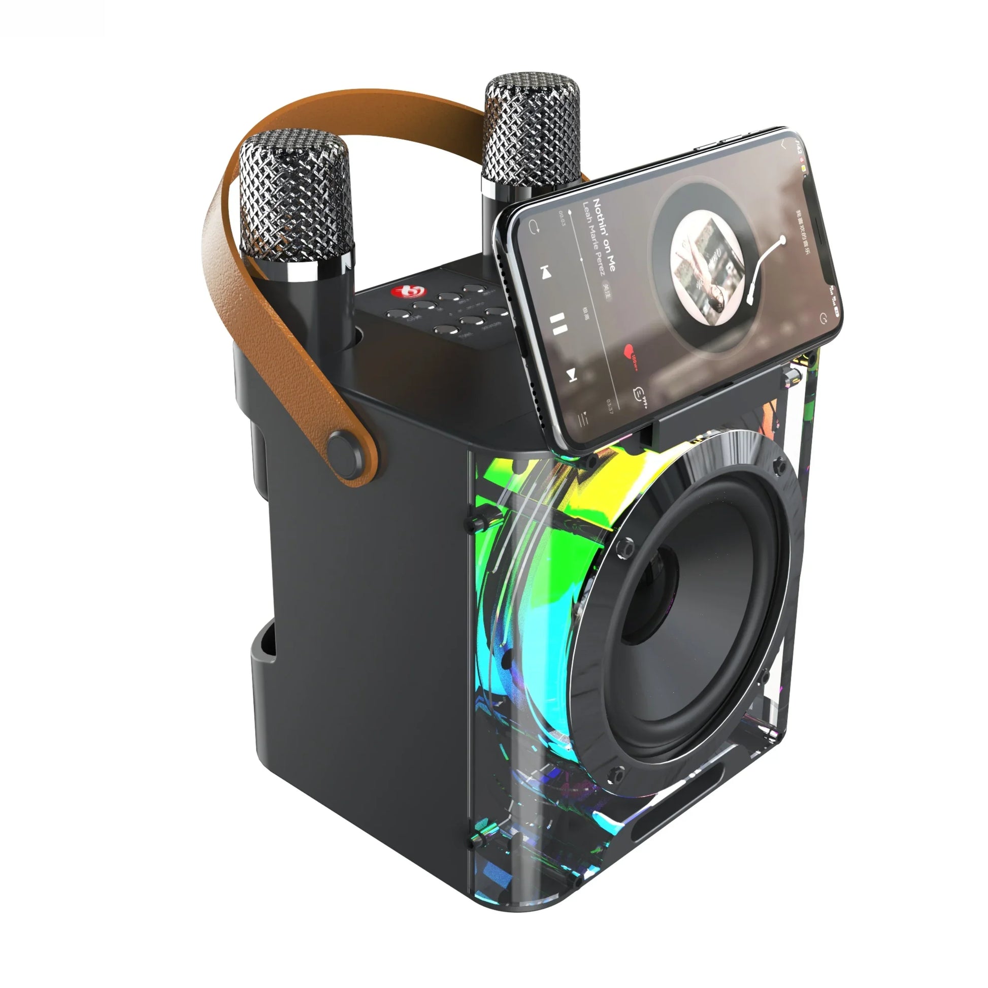 Black portable karaoke speaker with wireless microphone portable feature usb tf card and colorful led lighting for home party