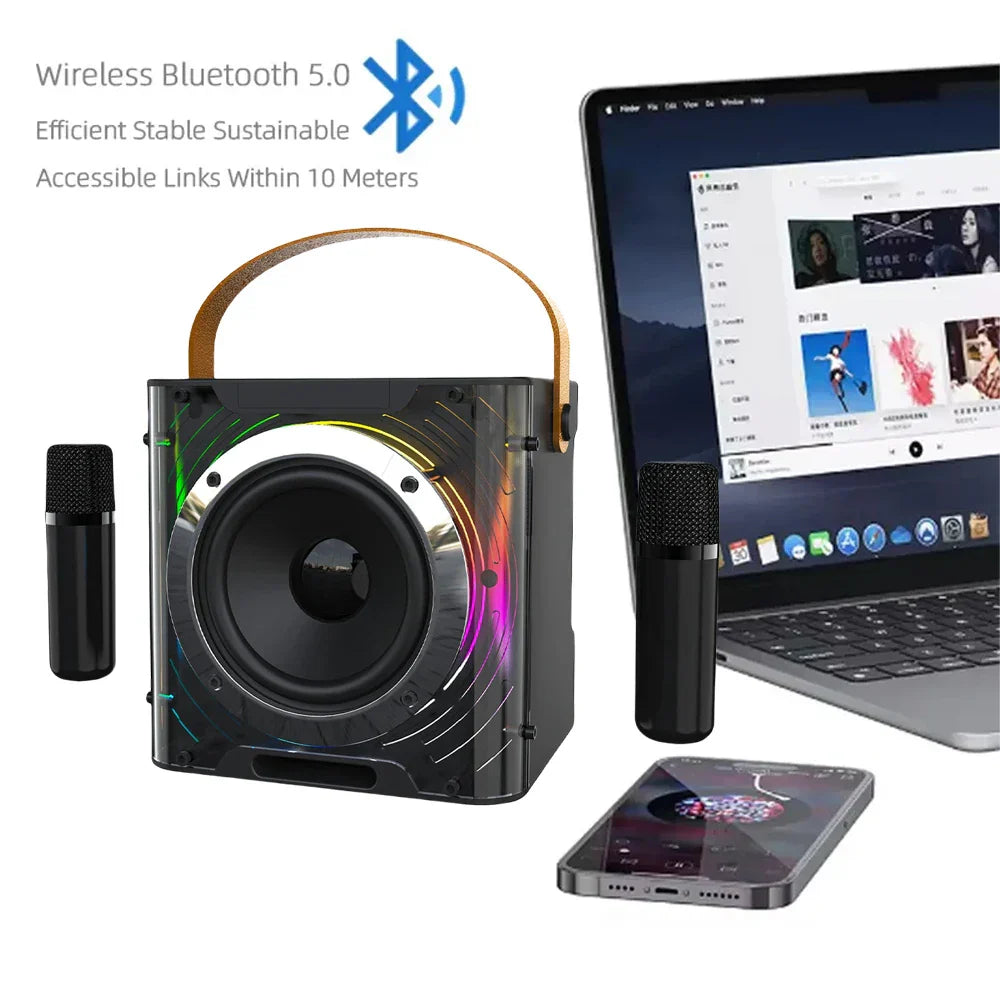 Black portable karaoke speaker with wooden handle, rainbow led lighting, usb tf card, and wireless microphone portable system
