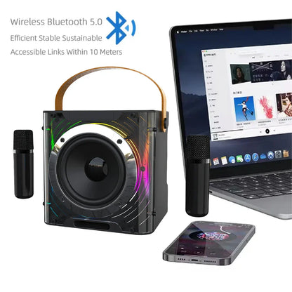 Black portable karaoke speaker with wooden handle, rainbow led lighting, usb tf card, and wireless microphone portable system