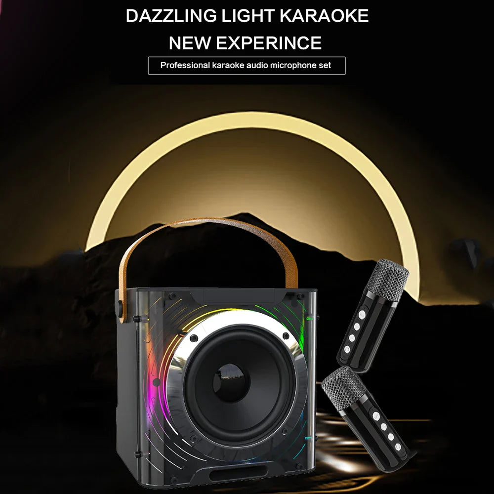 Black and silver portable karaoke speaker with handle, colorful led light, usb tf card, and wireless microphone portable system