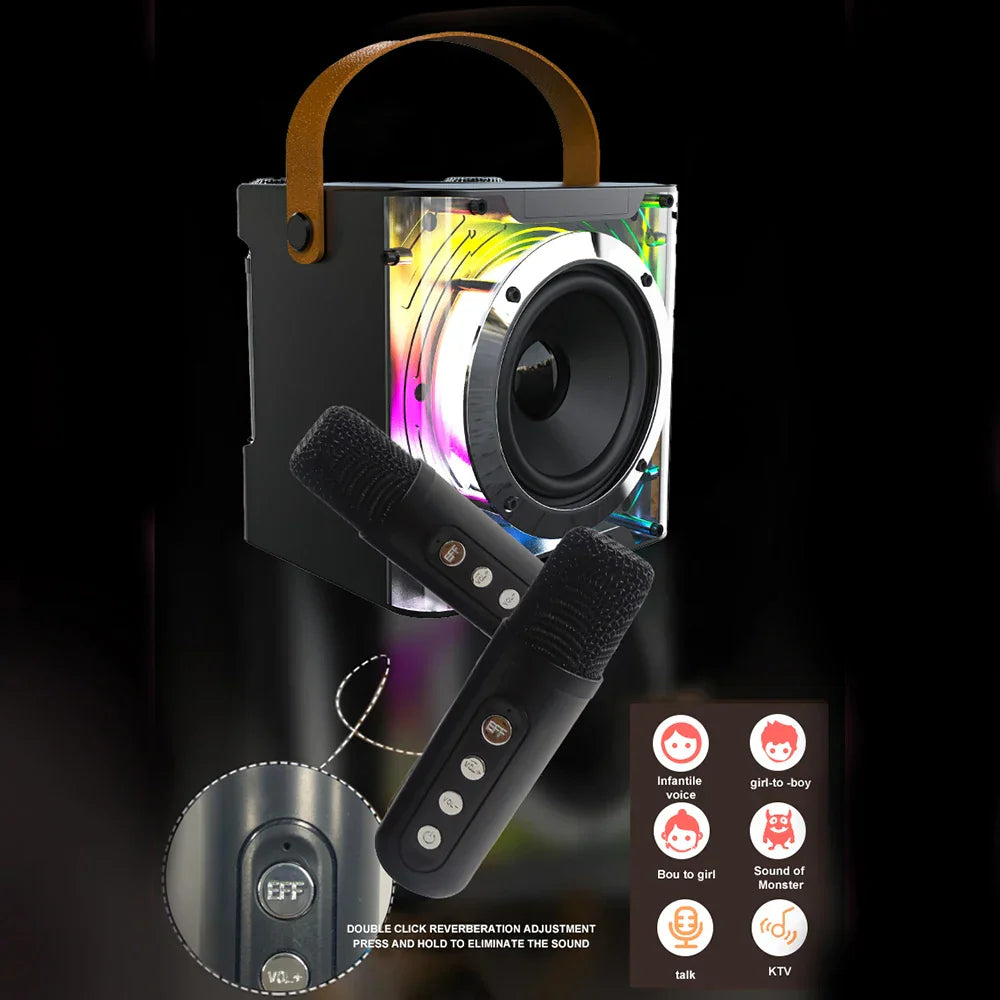 Black portable karaoke speaker with tan leather handle and colorful led lights, includes two wireless microphone portable set with usb tf card support