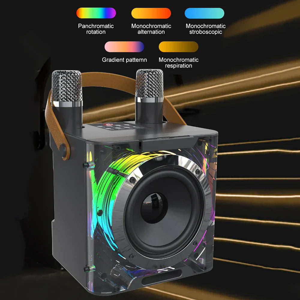 Black and transparent cube portable karaoke speaker with rainbow led lighting and two silver mesh wireless microphones usb tf card