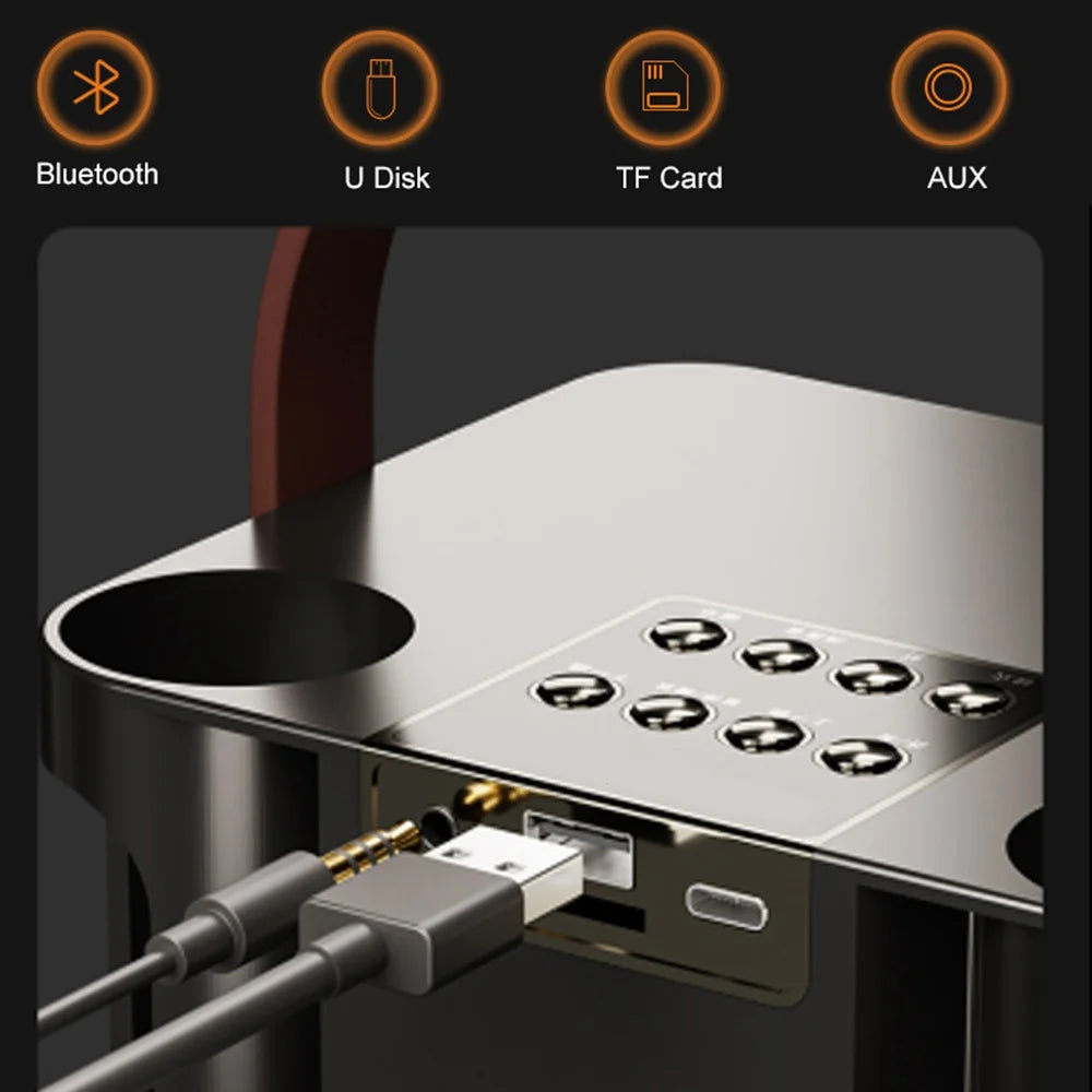 Silver metallic portable karaoke speaker with usb tf card slot aux input and 2 wireless microphones for home party use