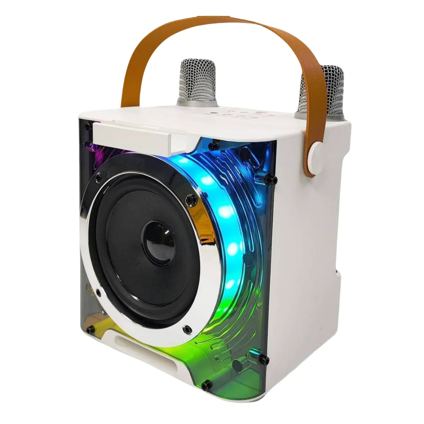 White portable karaoke speaker with brown leather handle two wireless microphones and led light usb tf card support