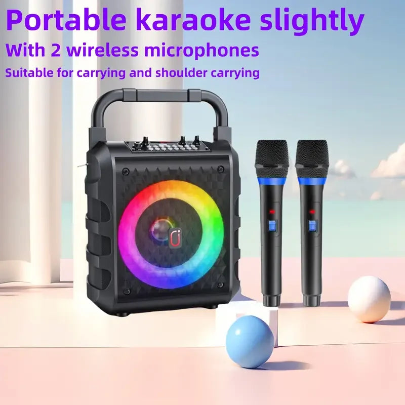 Black bluetooth karaoke speaker with built-in 20w subwoofer and colorful led ring with two wireless microphones