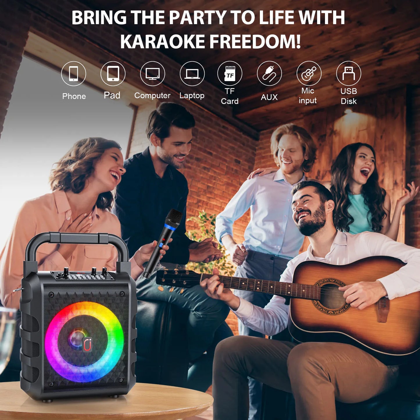 Black bluetooth karaoke speaker with colorful led ring light, handle, and built-in wireless microphones for portable use