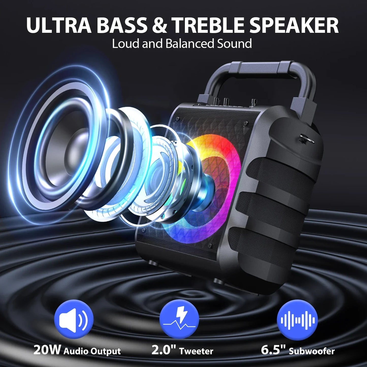 Black bluetooth karaoke speaker with handle ultra bass treble and colorful led lighting includes wireless microphones