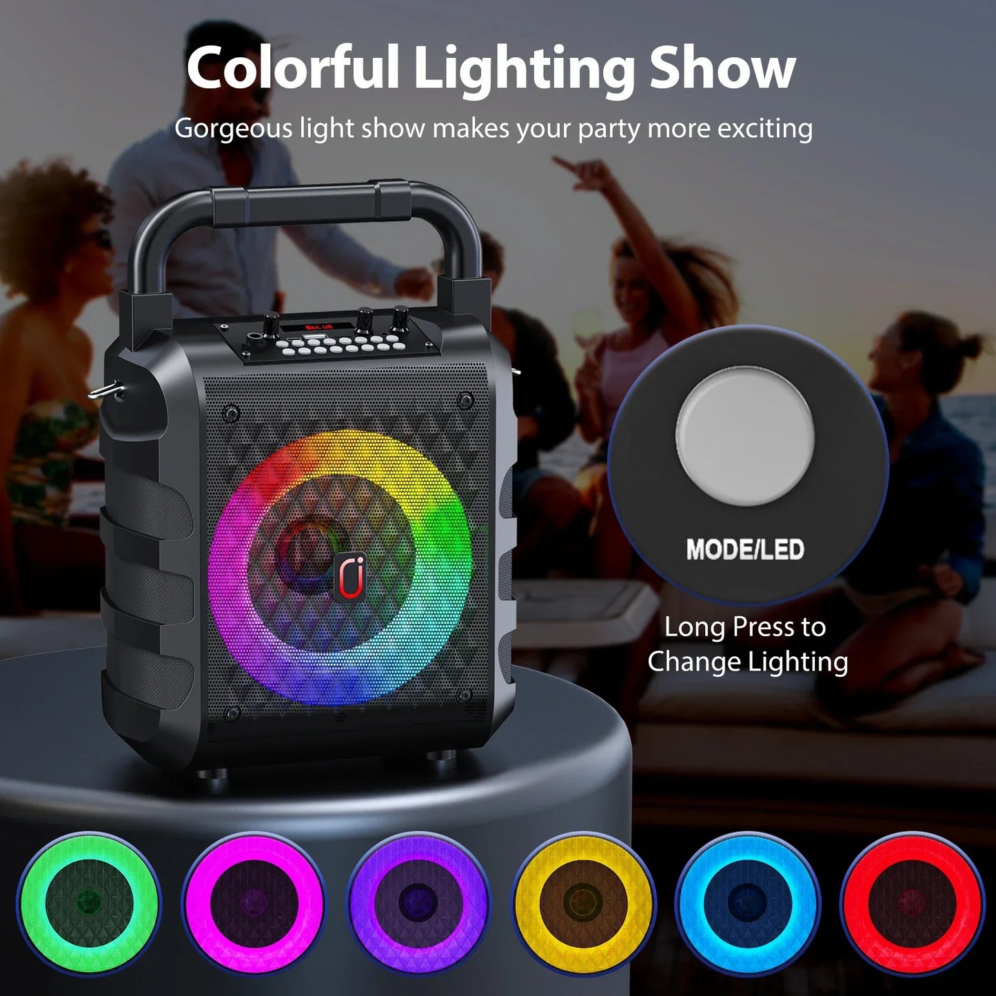 Black bluetooth karaoke speaker with handle and colorful led lighting and 2 wireless microphones karaoke machine built-in