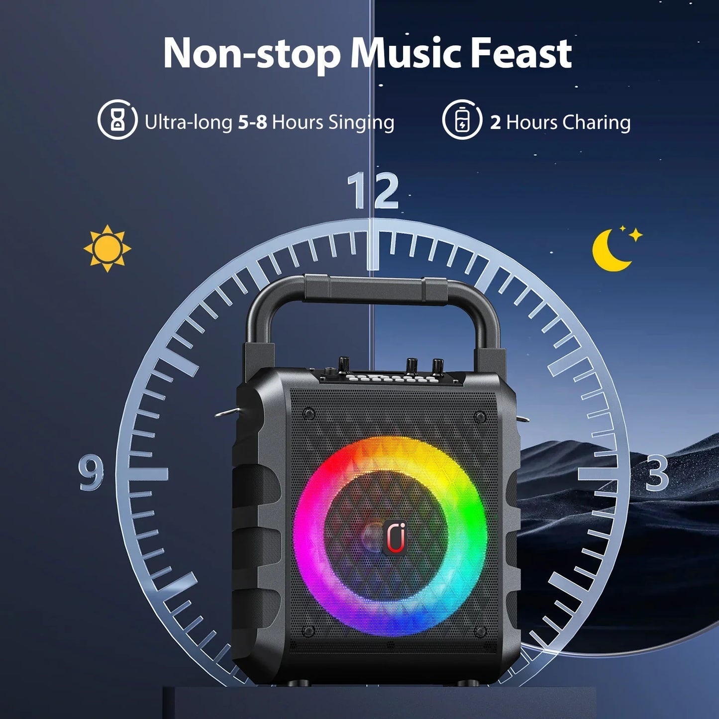 Black bluetooth karaoke speaker with 20w subwoofer, rainbow led light ring, handle, and 2 wireless microphones karaoke machine built-in