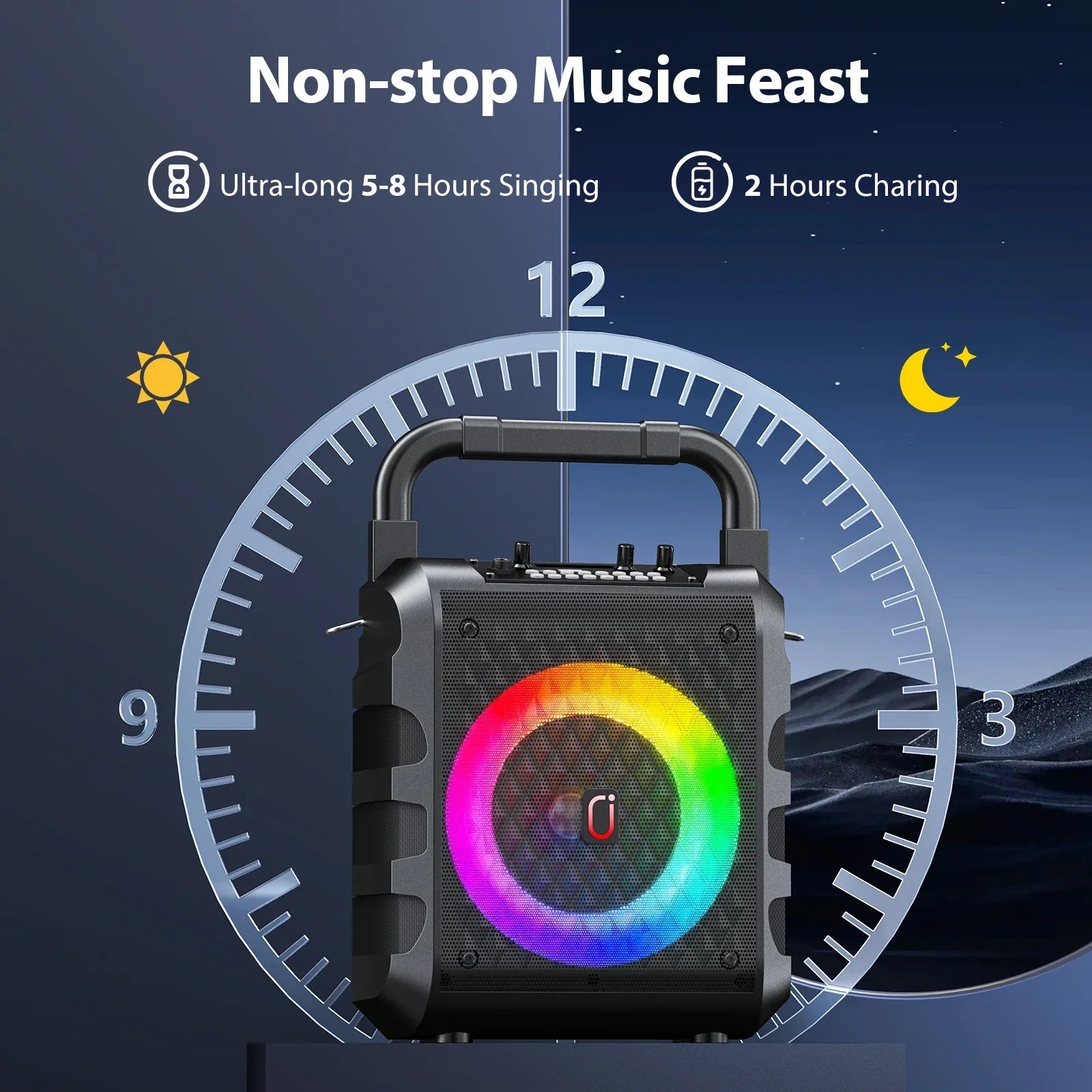 Black bluetooth karaoke speaker with 20w subwoofer, rainbow led light ring, handle, and 2 wireless microphones karaoke machine built-in