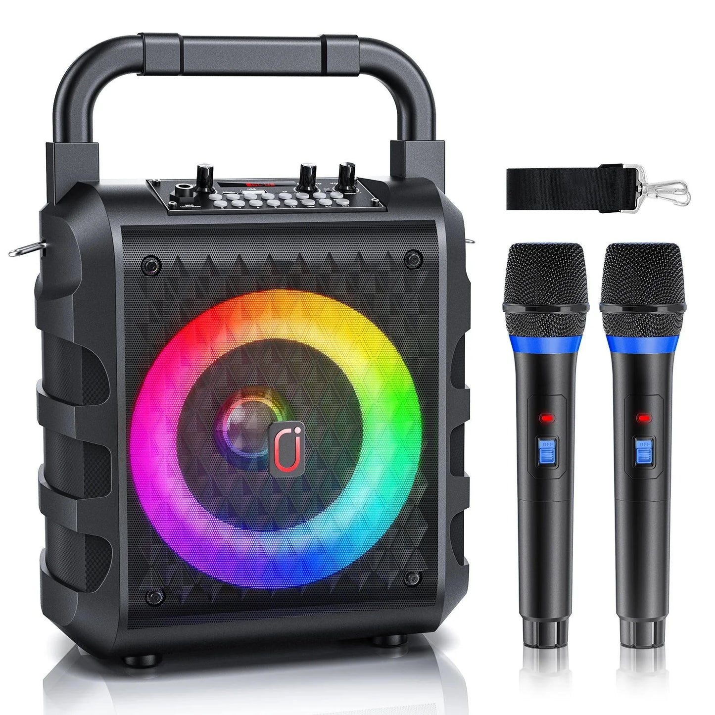Black bluetooth karaoke speaker with rainbow LED lights and two black wireless microphones with blue accents for karaoke machine built-in use