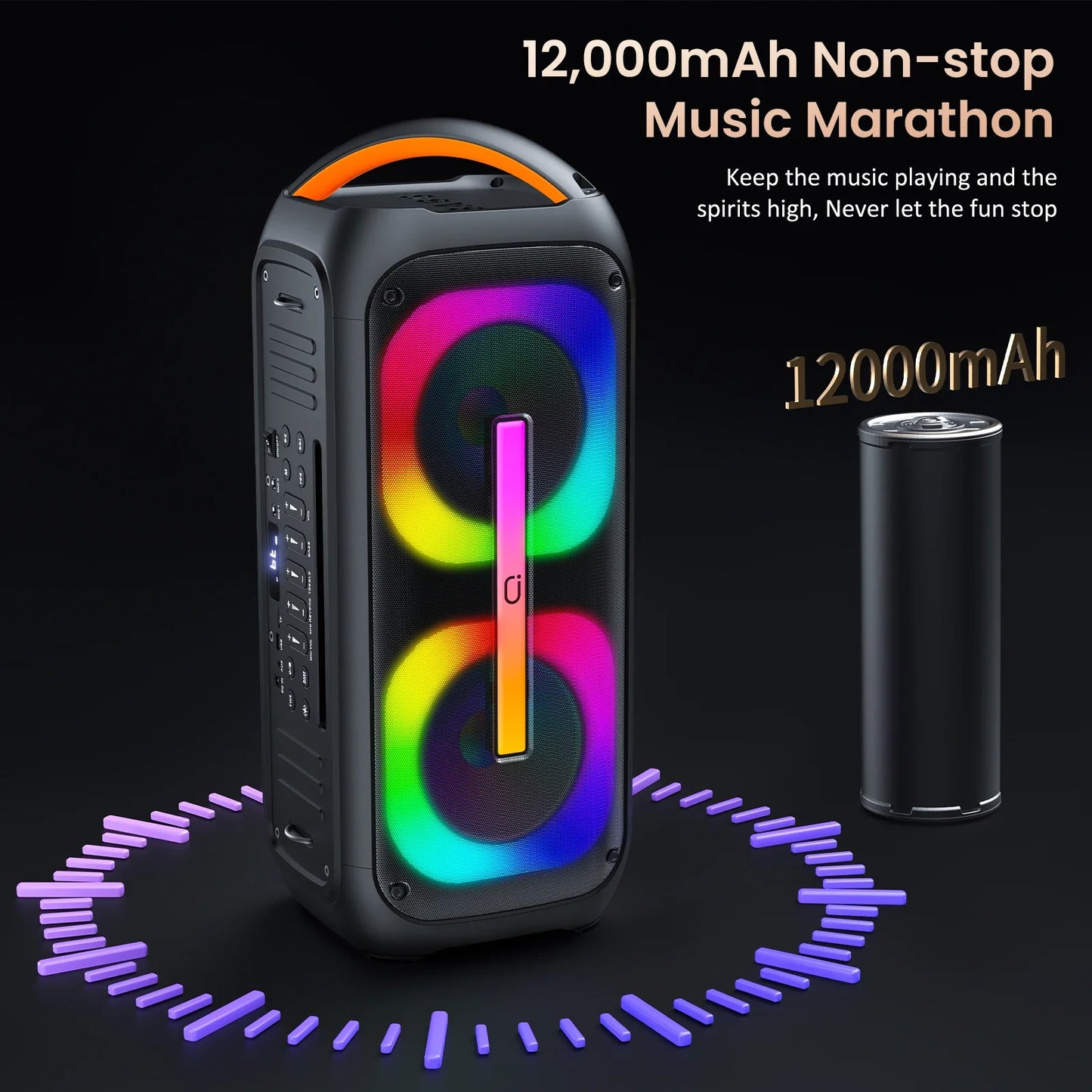Black karaoke machine with orange handle, dual 60w subwoofers, and vibrant disco lights for loud bluetooth party use