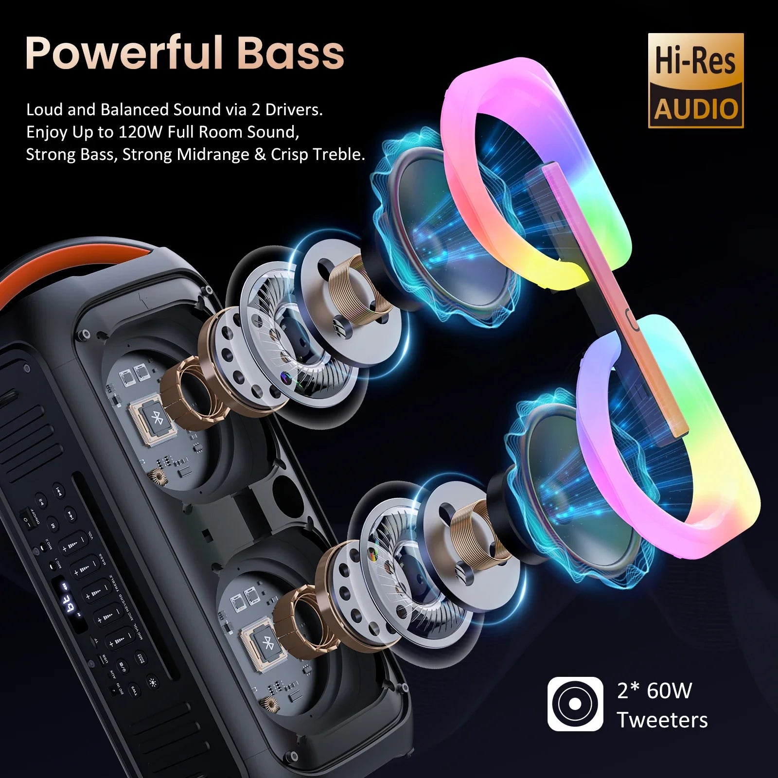 Black karaoke machine with orange accents featuring dual 60w tweeters, 400w peak, loud bluetooth party speaker with disco lights