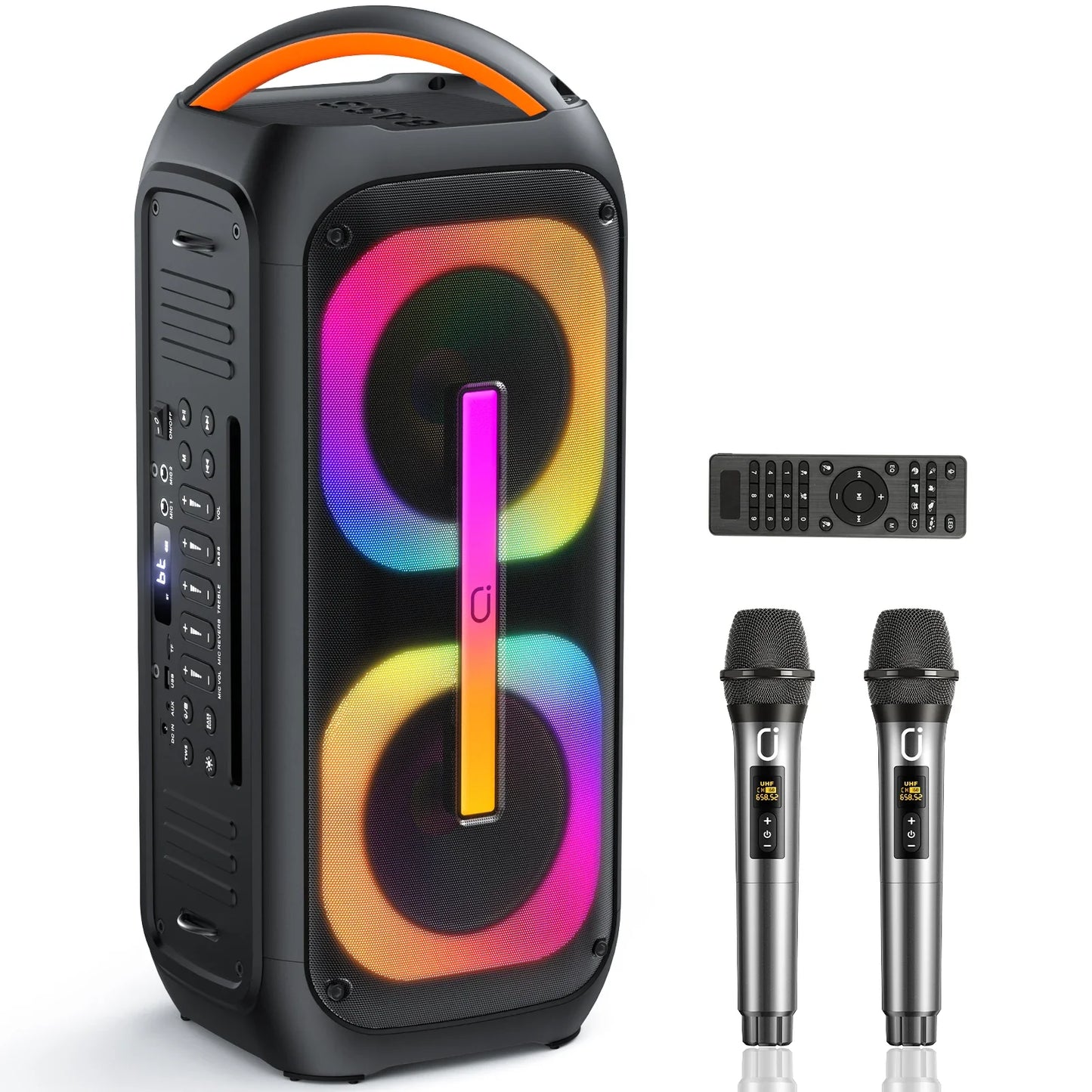 Black karaoke machine with orange handle and vibrant rainbow disco lights loud bluetooth party speaker