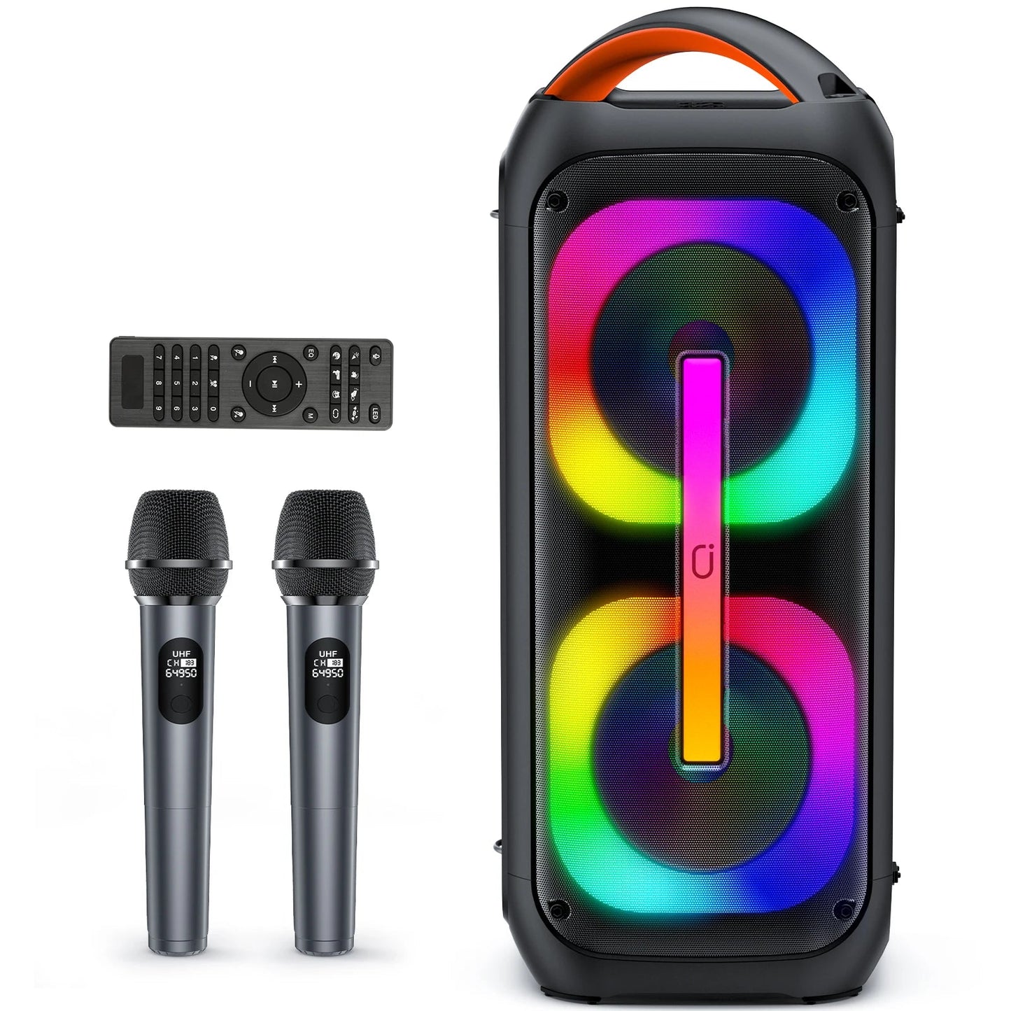 Black portable karaoke machine with 2 wireless microphones and disco lights featuring vibrant rainbow led and orange handle