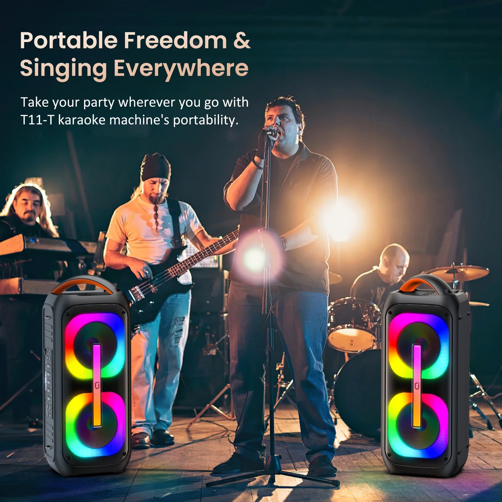 Black portable karaoke machine with vibrant rainbow disco lights dual 60W subwoofer and 2 wireless microphones for loud bluetooth party