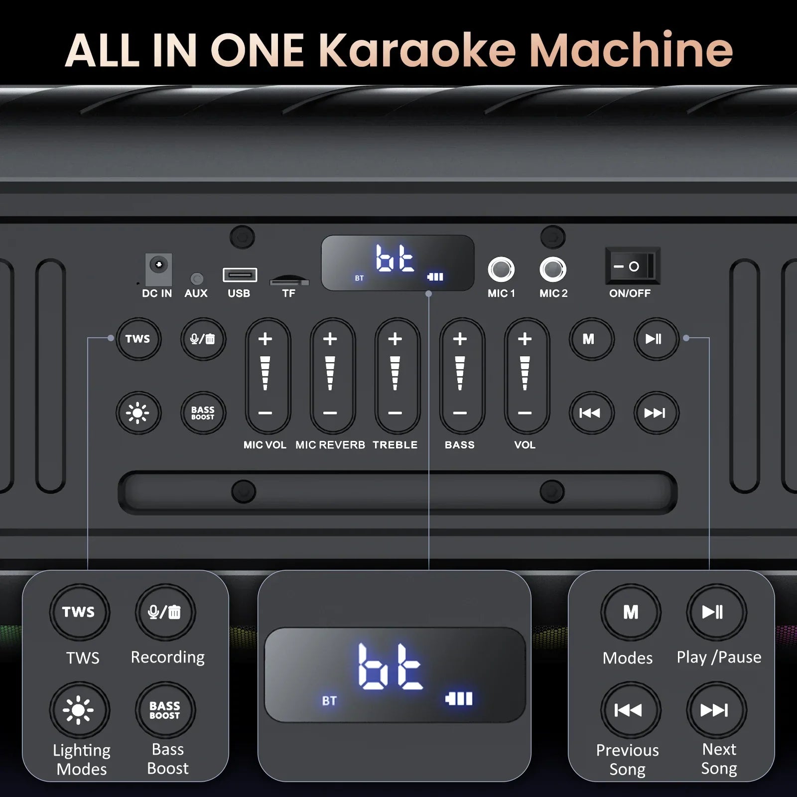 Black all-in-one karaoke machine with digital display showing bt and control buttons for loud bluetooth party with disco lights
